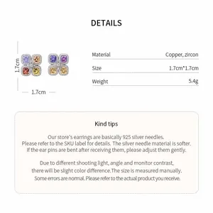 Vue détaillée des boucles d'oreilles fleurs en zircon avec spécifications techniques