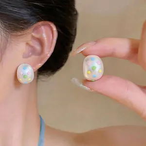 Pendientes de Botón Ovalados Mates con Goteo de Aceite y Poste de Plata de Ley 925 Lunares de Colores Joyería de Aleación para Mujer