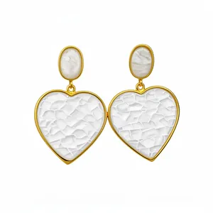Elegant heart-shaped drop earrings with white marble texture resin and gold plating