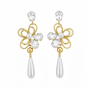 Elegant 18k gold plated flower earrings featuring crystals and teardrop pearl drops.
