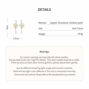 Technical details and dimensions for elegant rhinestone flower drop earrings with pearls