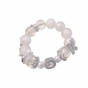 Elegante bracciale di perle romantico francese con cristallo quadrato e fiocco