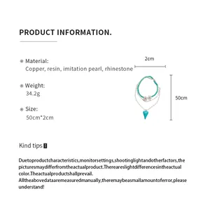 Product info sheet for a layered heart pendant necklace with beads and flower details.
