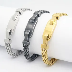 Detailed view of stainless steel mesh bracelets in silver, gold, and black finishes.