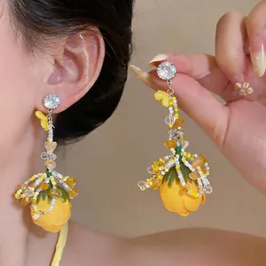 Handmade Yellow Fabric Flower Bud Tassel Earrings With 925 Sterling Silver Post Rhinestone Inlaid Dangle Drop Earrings For Women