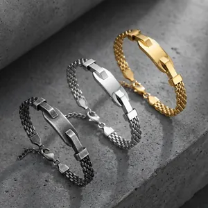 Detailed view of three stainless steel mesh bracelets in gold, silver, and black