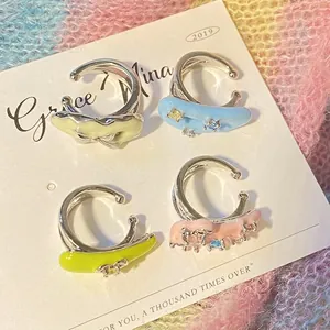 Set of colorful cute enamel ear cuffs with small crystals for non-pierced ear jewelry