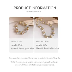 Detailed product information of beaded necklace and bracelet with dimensions and materials