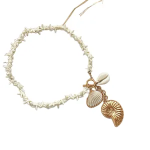 Bohemian shell and starfish beaded necklace with golden nautilus pendant jewelry