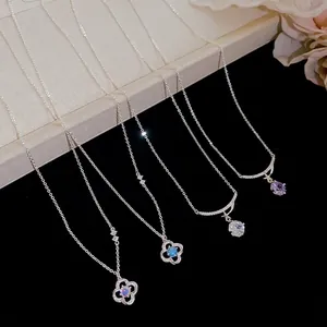 Korean style silver zircon flower pendant necklace with elegant sparkling crystals