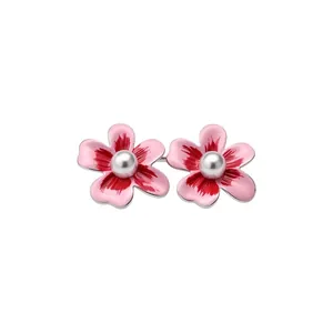 Orecchini a fiore rosa in stile pittura a olio vintage con centro di perle