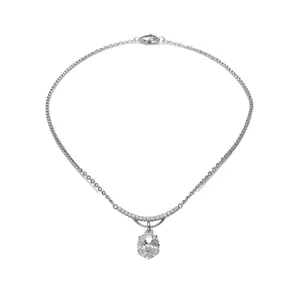Elegant silver-tone clavicle necklace with oval zircon flower pendant detail