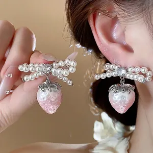 Sweet Strawberry Pearl Bow Stud Earrings With Silver Earring Post Pink Rhinestone Dangle Earrings For Women Fashion Jewelry