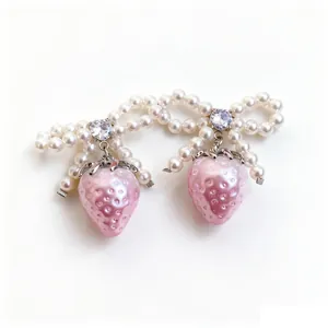 Elegant bow-knot pearl earrings with sweet pink strawberry drops and silver needles
