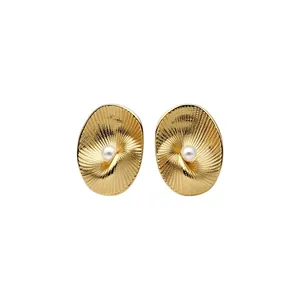 Elegant 18k gold plated oval textured stud earrings featuring a central pearl accent for women