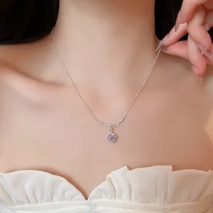 Elegant close-up of a Korean style purple zircon flower pendant necklace on a neck