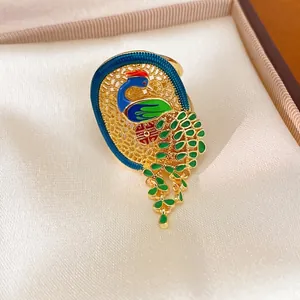 Anello pavone regolabile placcato oro 18K vintage con smalto colorato e simbolo Doppia Felicità