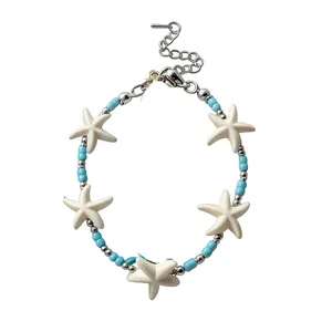 Exquisite beach style starfish beaded bracelet featuring blue beads and silver accents