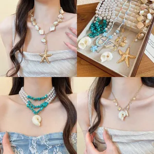 Beach Vacation Irregular Shell Starfish Artificial Pearl Necklace Light Luxury Design Clavicle Chain Jewelry For Women