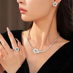 Elegant green zircon floral jewelry set with necklace ring and earrings for women