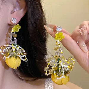 Boucles d'Oreilles Pendantes en Tissu Fleur Style Vacances pour Femmes Zirconia Cuivre Perles Fait Main Longues Fleurs Tige en Argent Bijoux