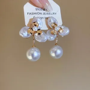 Elegant 18k gold plated petal pearl drop earrings featuring S925 silver needles for women