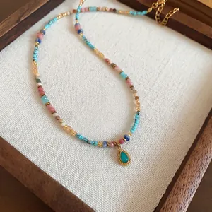 Bohemian Edelstahl Mehrfarbige Steinperlen Anhänger Halskette Damen Vintage Ethnische Wassertropfen Schlüsselbeinkette