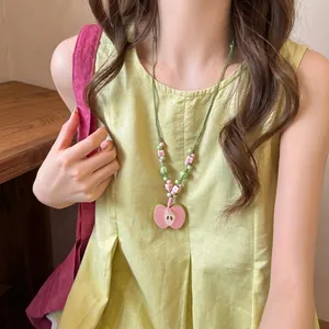 Handmade Pink Ceramic Apple Pendant Necklace With Grass Green Woven Rope Beaded Clavicle Chain For Women Sweet Korean Style