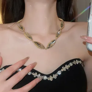 Close-up of elegant marquise-cut crystal necklace highlighting its sparkle and luxury finish.