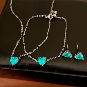 Simple Copper Zirconia Green White Heart Necklace Earrings Bracelet For Women Light Luxury Niche Senior Sense Temperament Jewelry