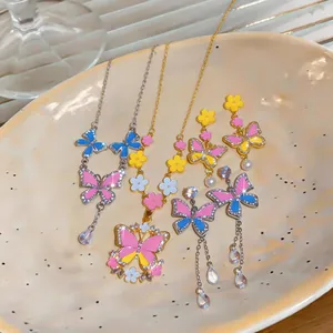 Close-up detail of a colorful enamel butterfly necklace and earrings jewelry set