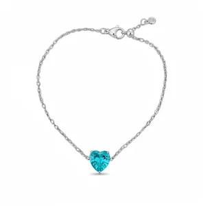 Elegant silver necklace with heart-shaped cyan zircon pendant and adjustable chain.