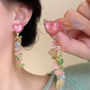 Colorful Heart Acrylic Gravel Long Tassel Clip Earrings For Women Tropical Dopamine Style Handmade Fashion Jewelry Gift