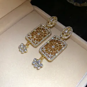 Vintage court style gold rectangular pendant earrings with sparkling rhinestones
