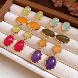 Vintage Resin Oval Pendant Drop Earrings For Women Light Luxury Gold Plated Alloy Statement Jewelry With Silver Earring Post