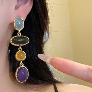 Vintage oval resin pendant earrings with four colorful stones and silver needles