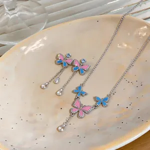 Detailed macro view of colorful butterfly pendant necklace and matching earrings