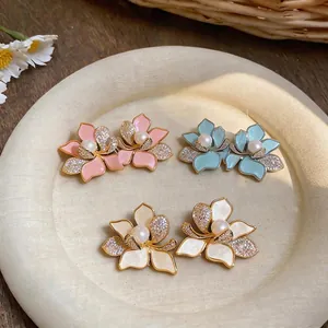 Exquisite 18K gold plated flower stud earrings with sparkling zircons and pearls for women