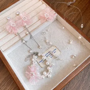Parure Bijoux Fleur en Chiffon Perle Artificielle Strass Collier Bracelet Tige en Argent pour Femme Accessoire
