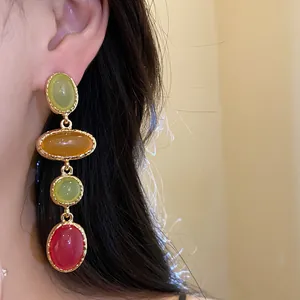 Elegant vintage resin oval dangling earrings featuring multi-color stone pendants for women