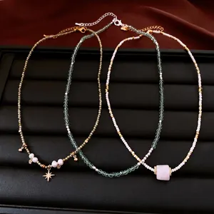 Elegant hand-beaded layered necklace set with star and square stone charms