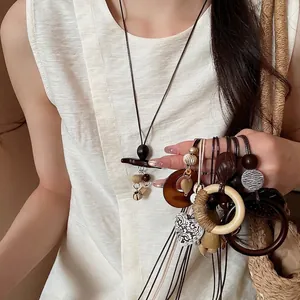 Bohemian vintage round heart pendant necklace set for women with wood and rope elements