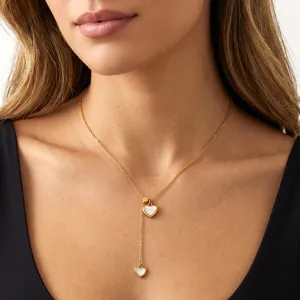Collier Pendentif Coeur en Acier Inoxydable et Nacre Chaîne en Y Ajustable Double Coeur Poli Or Argent Bijoux de Cou
