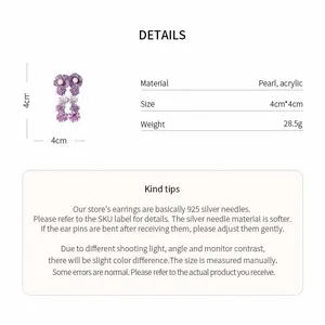 Especificaciones detalladas de pendientes de flores moradas y perlas con agujas de plata 925
