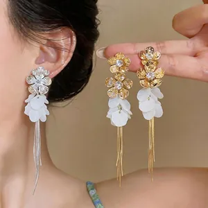 Luxury Resin Flower Tassel Stud Earrings For Women Copper Zirconia Inlaid 925 Sterling Silver Post Gold Silver Dangle Earrings