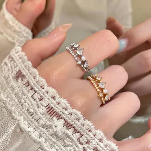 Heart Zirconia Starry Artificial Pearl Adjustable Opening Ring For Women Minimalist Fashion Delicate Finger Jewelry Gift