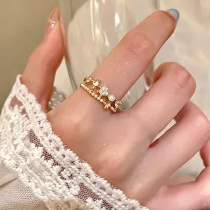 Elegant gold-tone open ring set featuring zircon heart, stars, and pearls for women