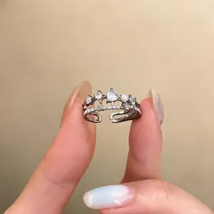 Elegant silver-tone open ring with zircon heart, star motifs, and pearls for women