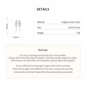 Detailed specs for long tassel flower petal earrings with dimensions and material info