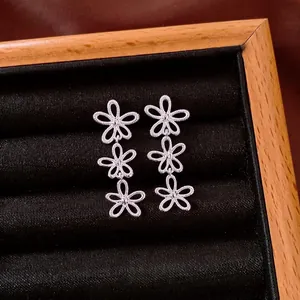 Minimalist Silver Color Hollow Flower Drop Earrings For Women Geometric Three Linked Floral Copper Earring Post Jewelry Gift